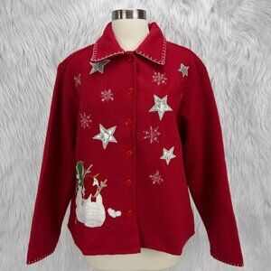 Take Two Vintage Snowman Shirt Jacket Shacket Cardigan Red Wool Blend‎ Christmas